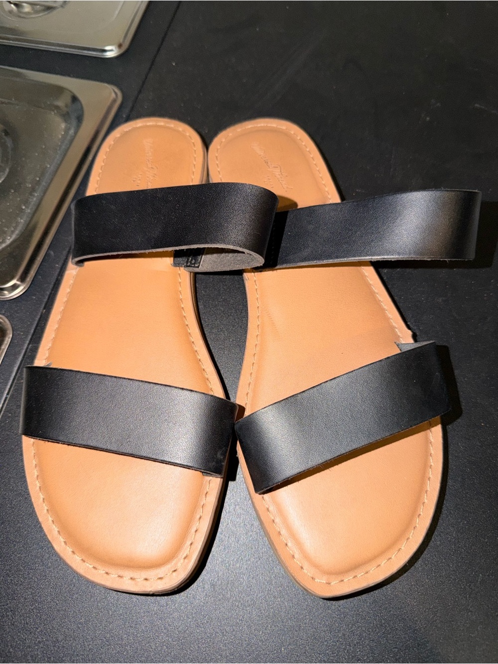a new day Black Two-Band Slide Sandals with Tan Footbed